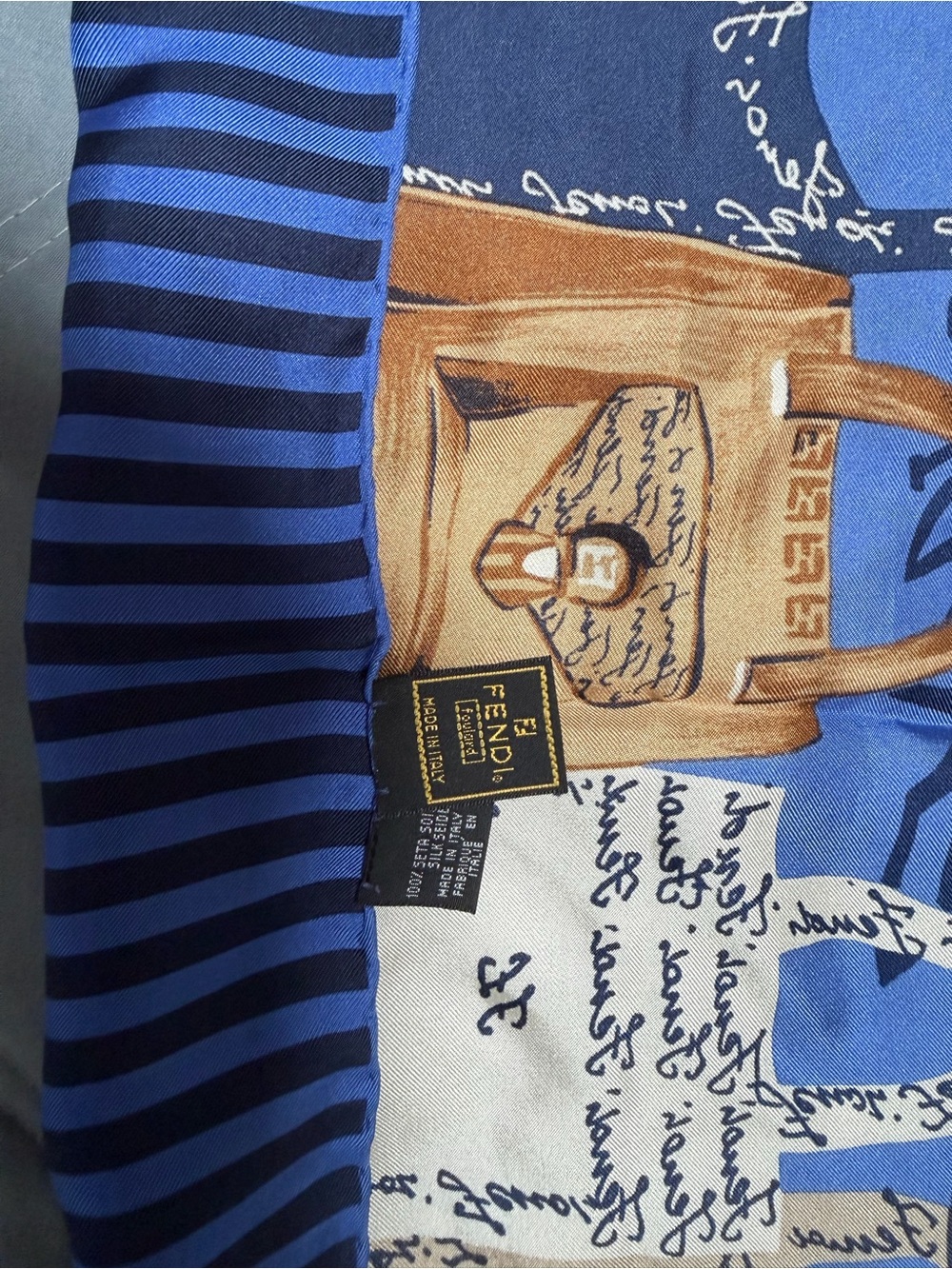 Fendi Blue Striped Silk Scarf with Tan Logo Tag - Picture 6 of 7